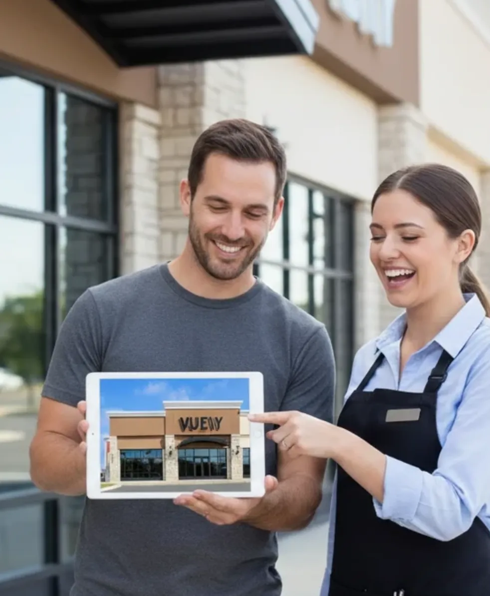 Two people reviewing a sign mockup together on a tablet in front of a storefront