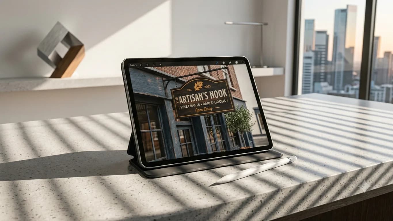A tablet propped on a countertop showing a sign mockup of a hanging storefront sign, with a stylus resting beside it