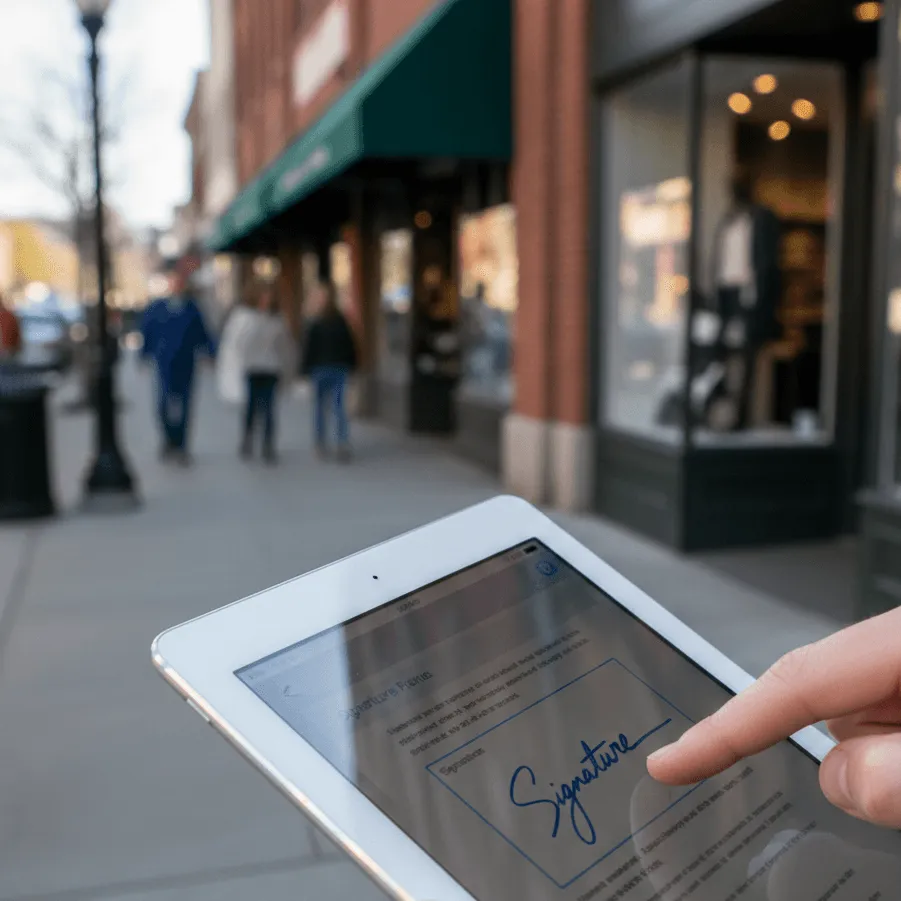 A client signing a proposal on a tablet