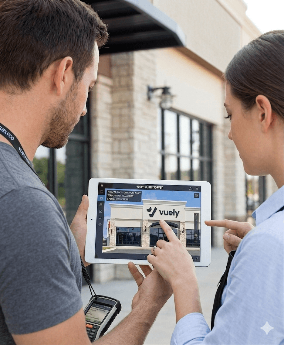 A sign rep capturing a storefront site survey with the Vuely app