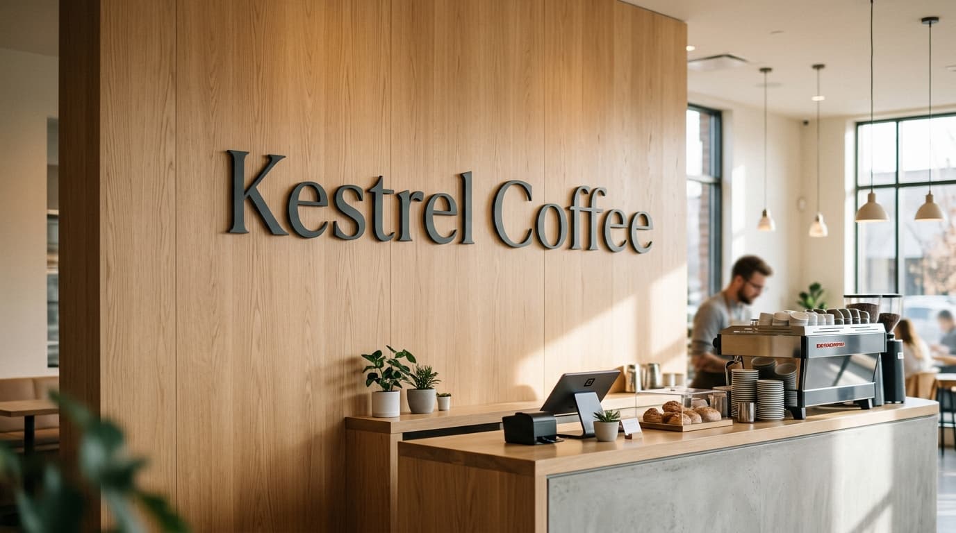 Dimensional wooden wall letters reading Kestrel Coffee mounted on light oak paneling inside a brightly lit cafe.