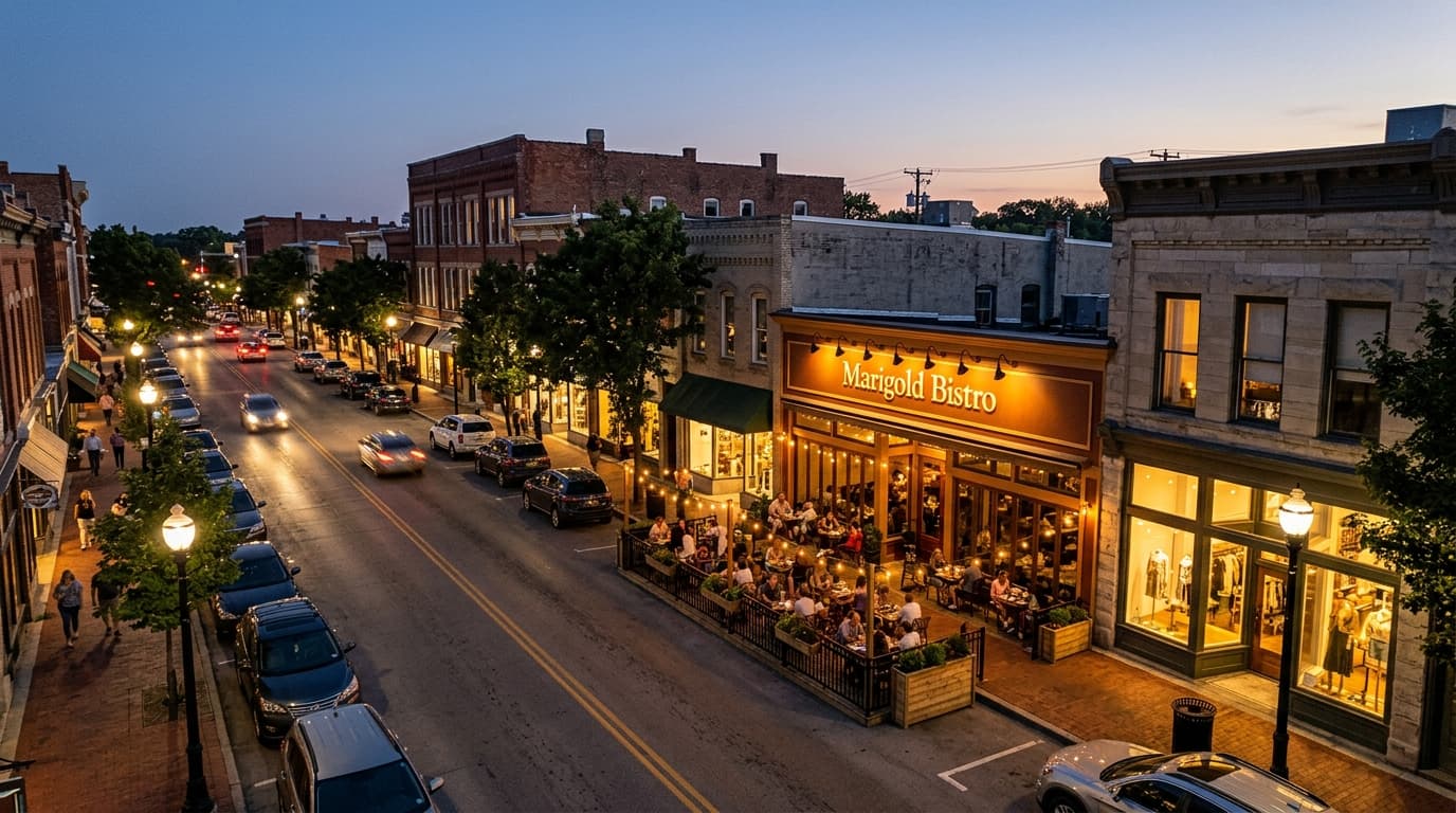 An elevated evening view of a downtown street featuring a glowing storefront sign that reads Marigold Bistro.