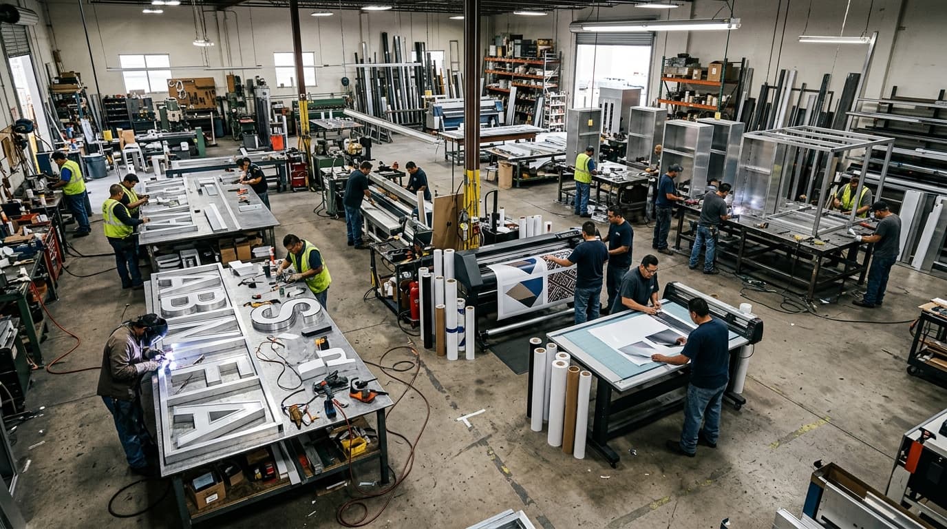 A wide view of a sign company manufacturing floor showing various stages of sign production.