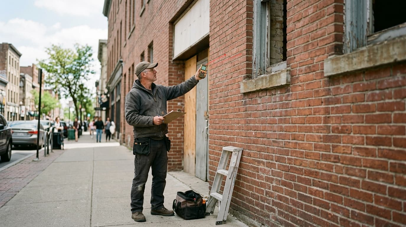 A sign installer takes physical measurements on a brick building facade to prepare for an accurate site survey mockup.