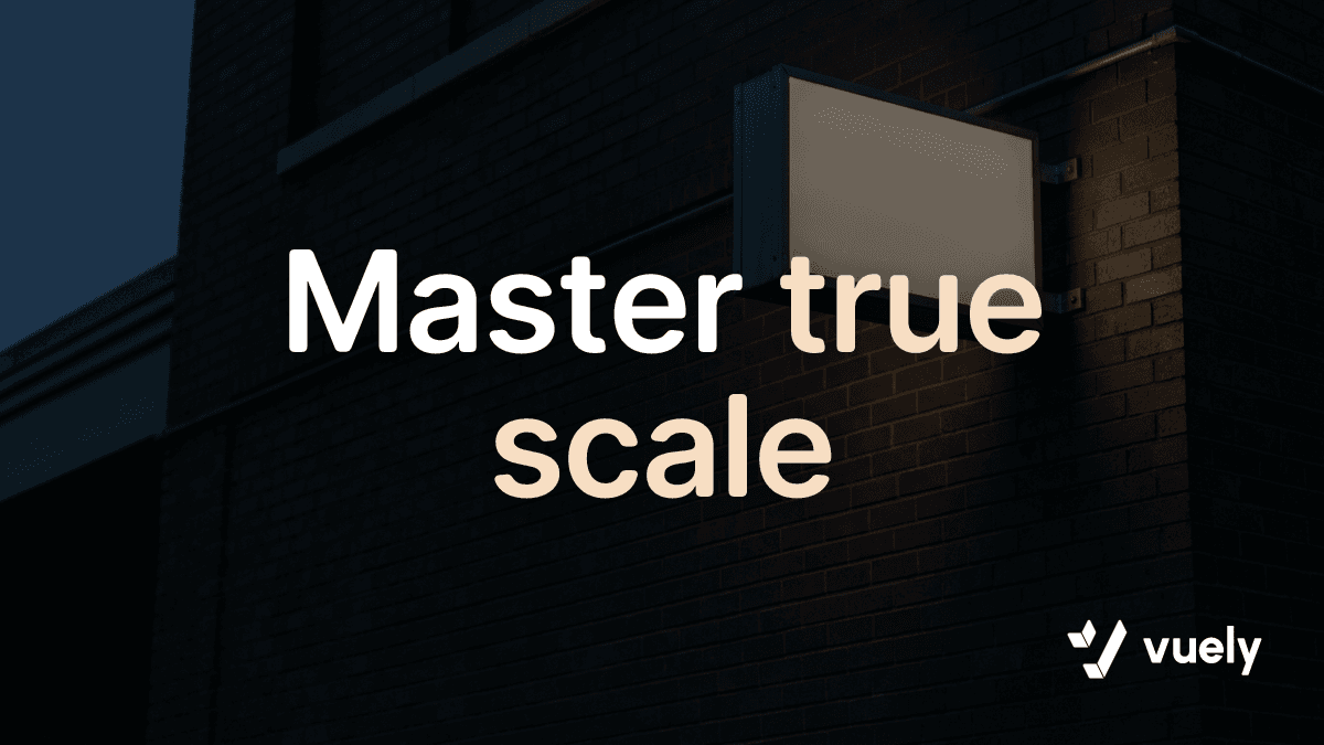 Master true scale. A blank illuminated rectangular sign cabinet glowing on an empty dark brick building wall at dusk.