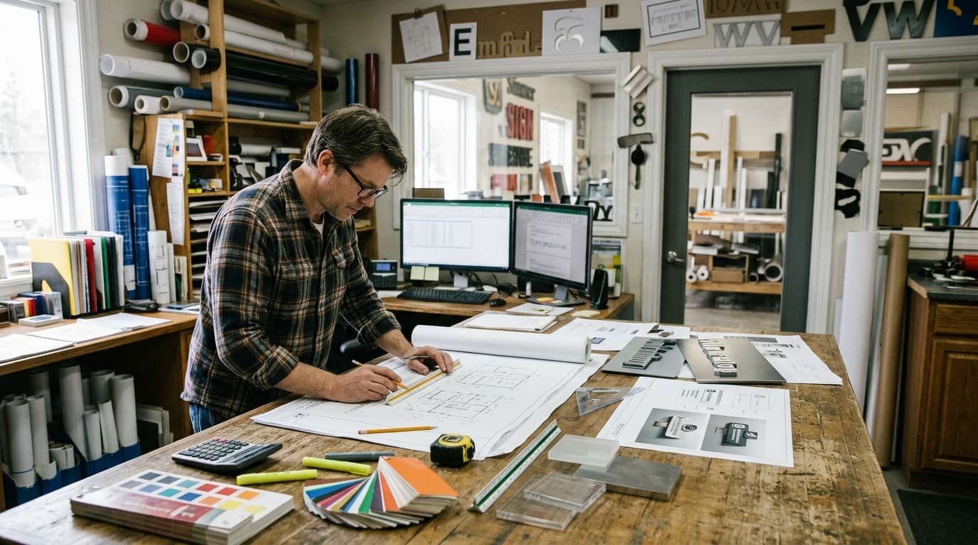 An estimator reviews printed sign designs and architectural blueprints on a desk inside a commercial sign shop.