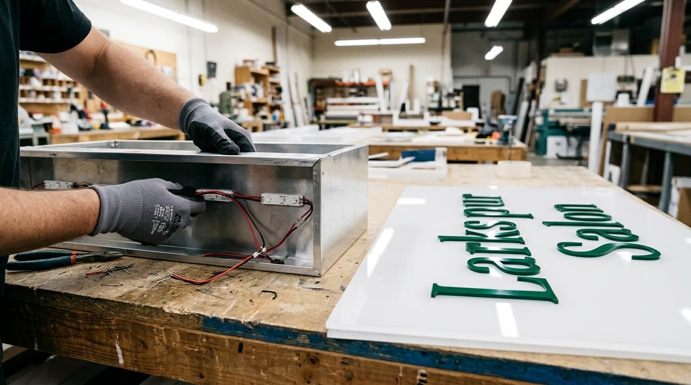 A close-up of an open channel letter on a sign shop workbench being wired with white LED modules for Larkspur Salon.
