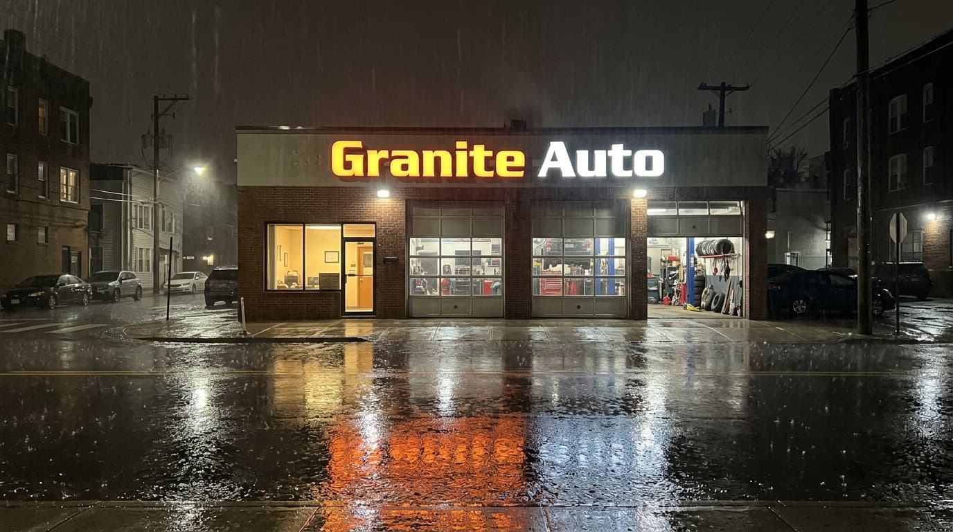 A rain-slicked city street at night reflecting the bright illuminated storefront sign of Granite Auto.