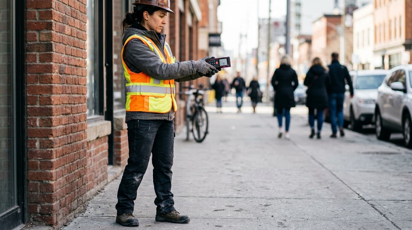 A sign company estimator uses a handheld laser distance meter to measure a brick storefront for a new sign installation.