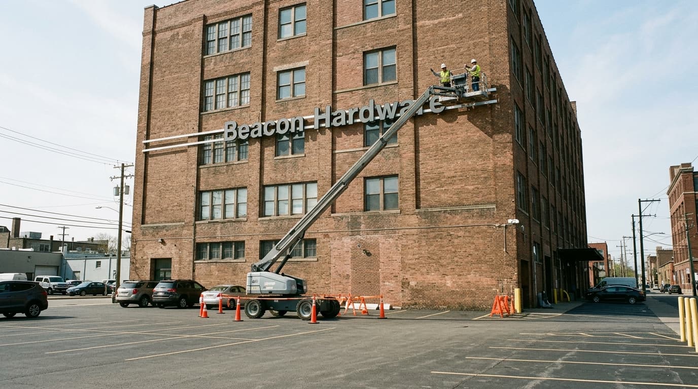 Sign installers in a boom lift mount large exterior letters reading Beacon Hardware high on a brick building.