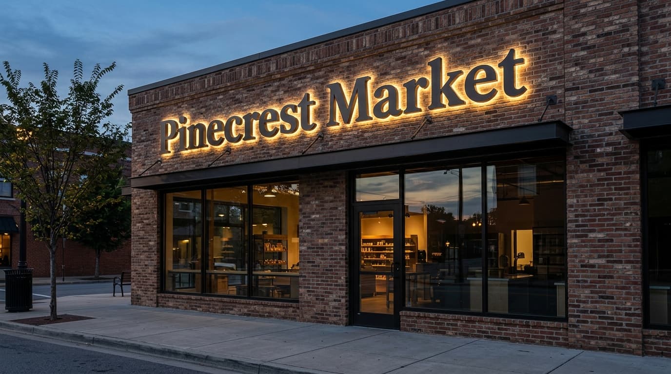 Halo-lit metal channel letters reading Pinecrest Market glow warmly against an exterior brick facade at dusk.