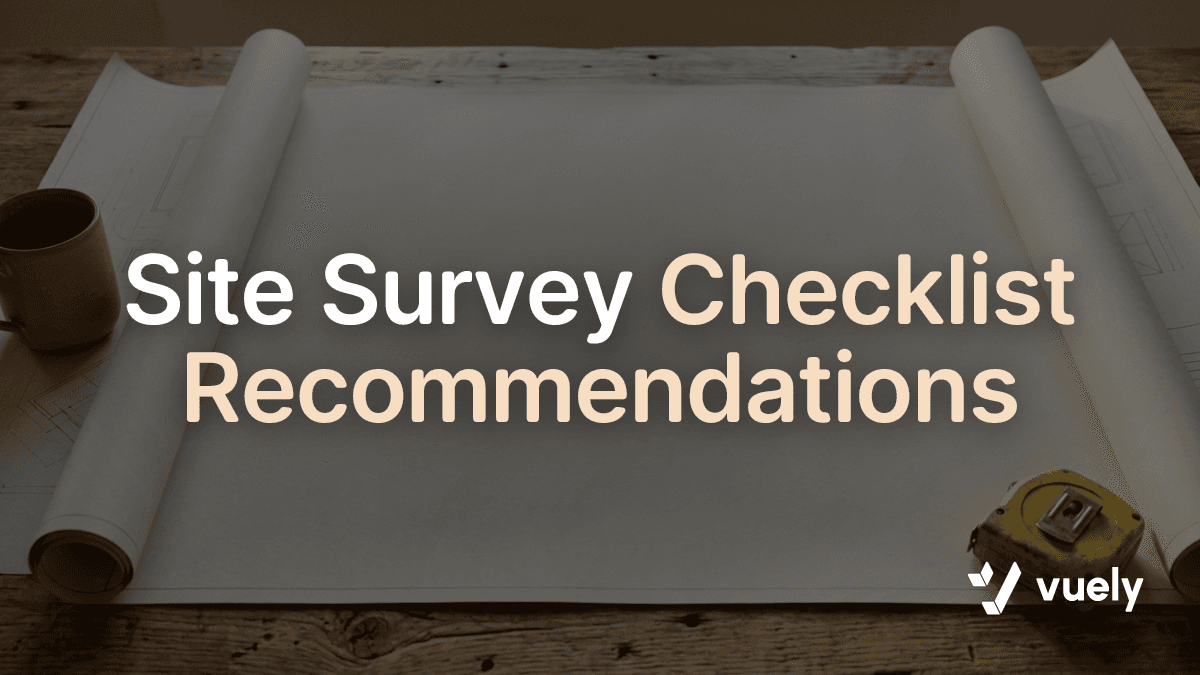 Site Survey Checklist Recommendations. A tape measure, architectural site blueprint, and a cup of coffee rest on a wooden table in morning light.