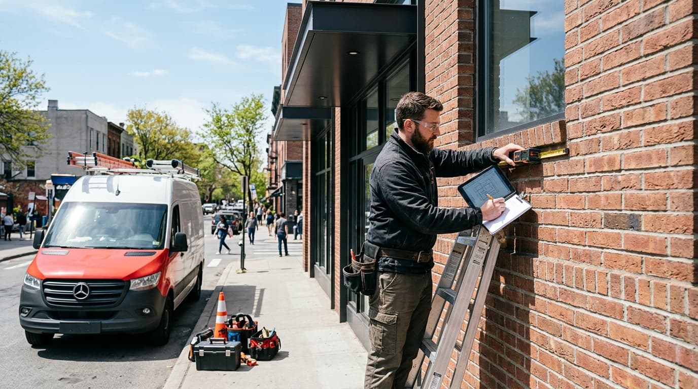 A sign installer measuring a brick storefront while holding a tablet.