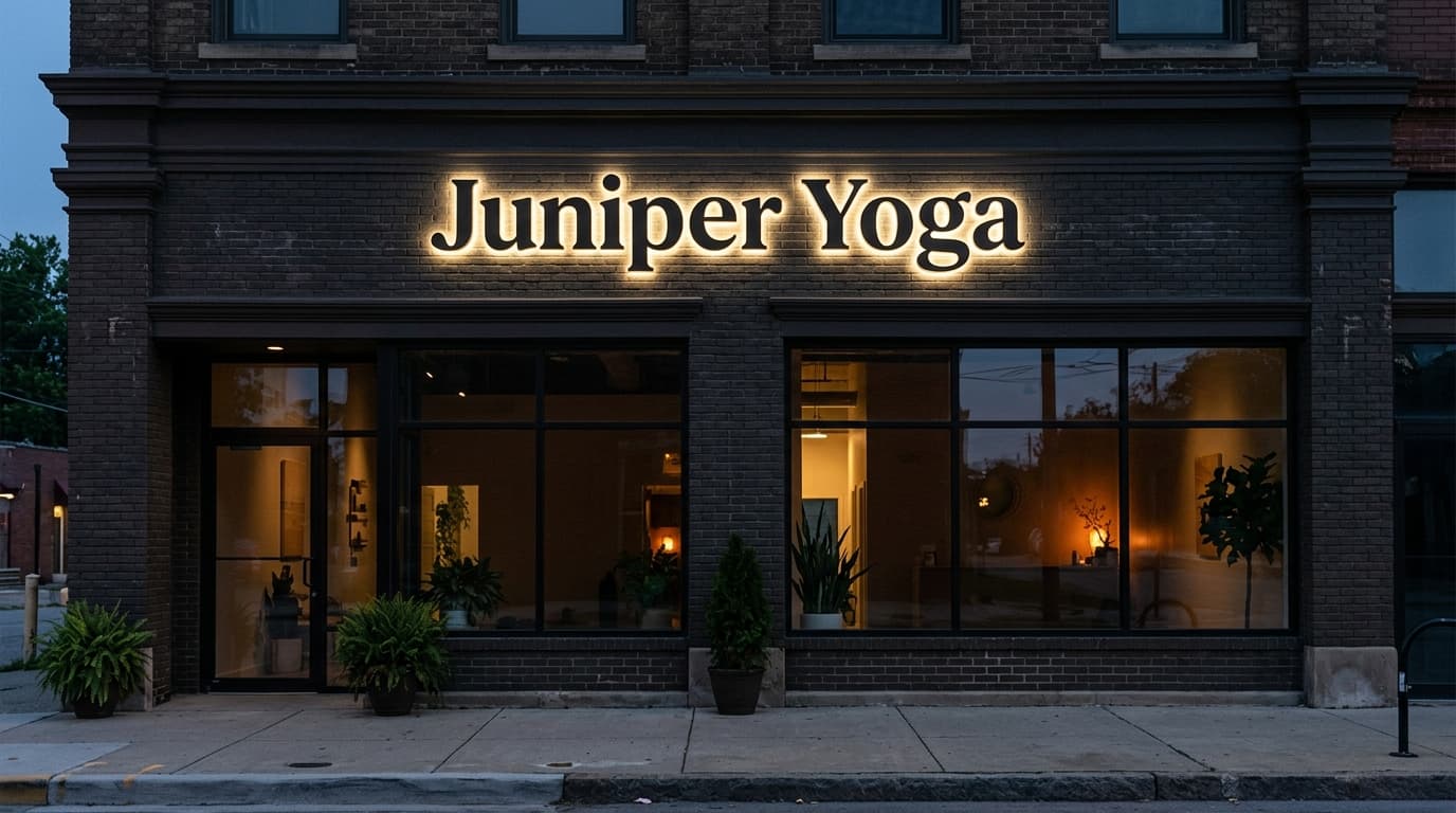 Halo-lit channel letters spelling Juniper Yoga glowing with warm light on a dark brick building facade at dusk.