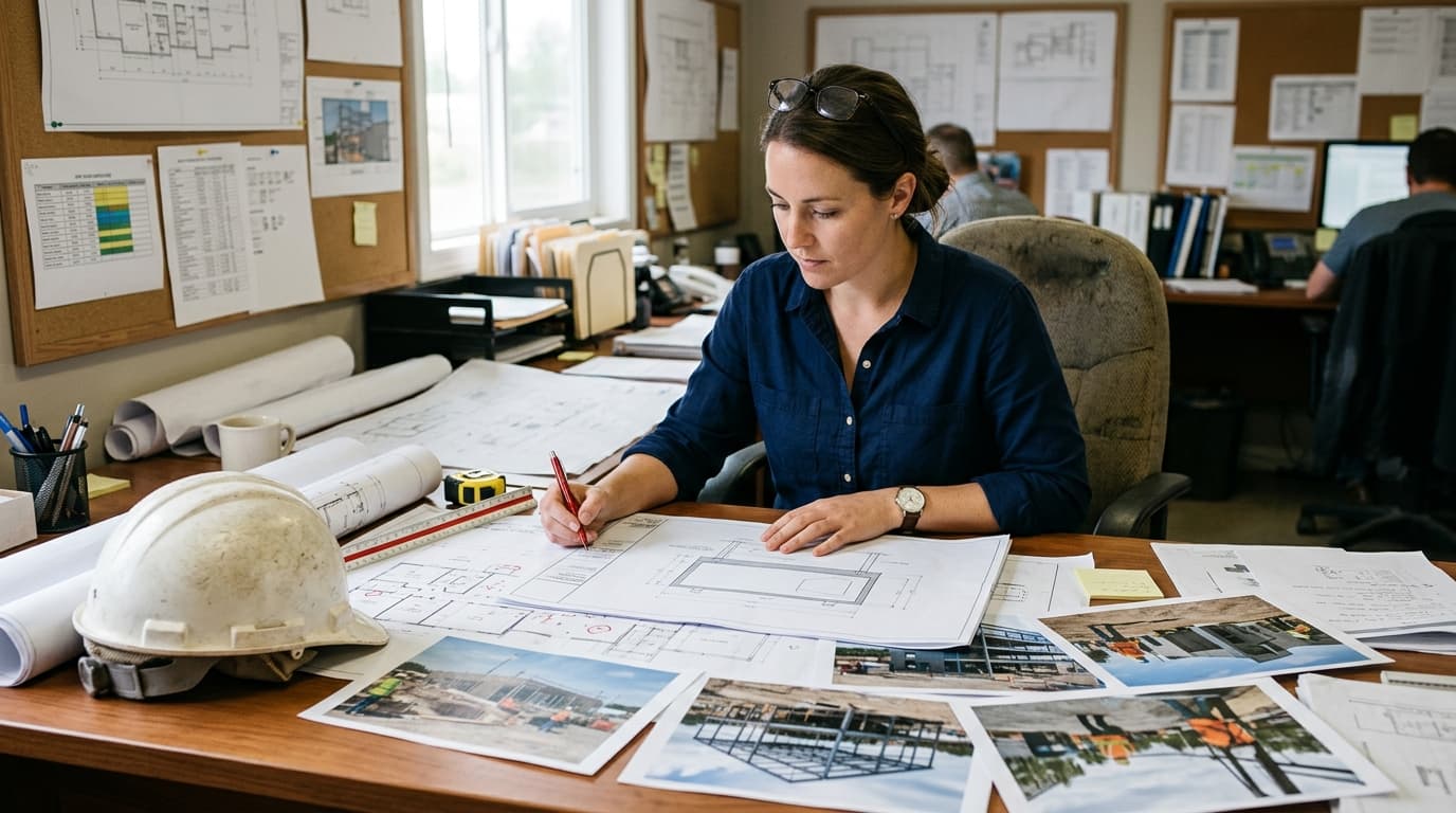 A project manager reviewing sign elevation drawings and site plans at a desk.