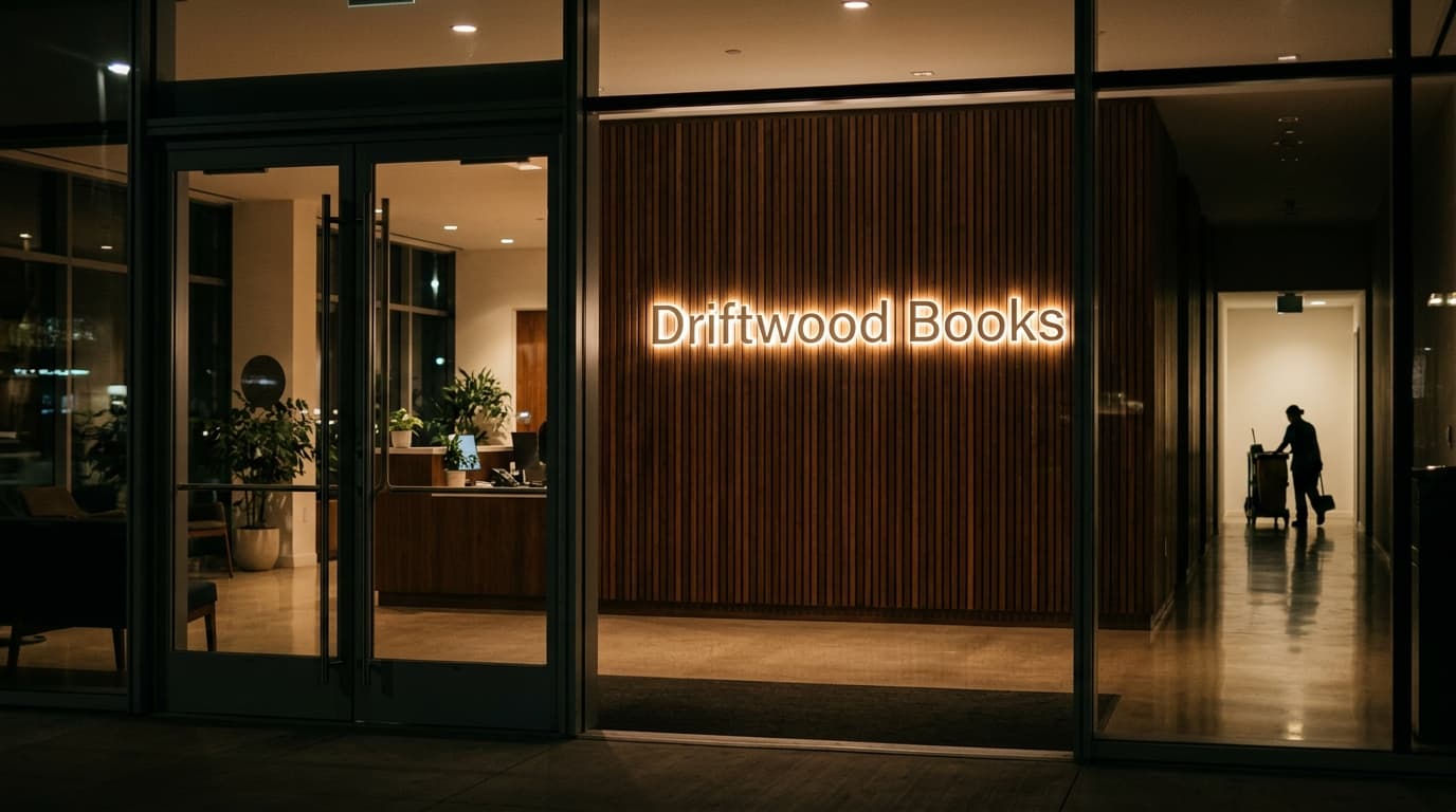 Illuminated channel letters reading Driftwood Books glowing on a wood panel lobby wall at night.