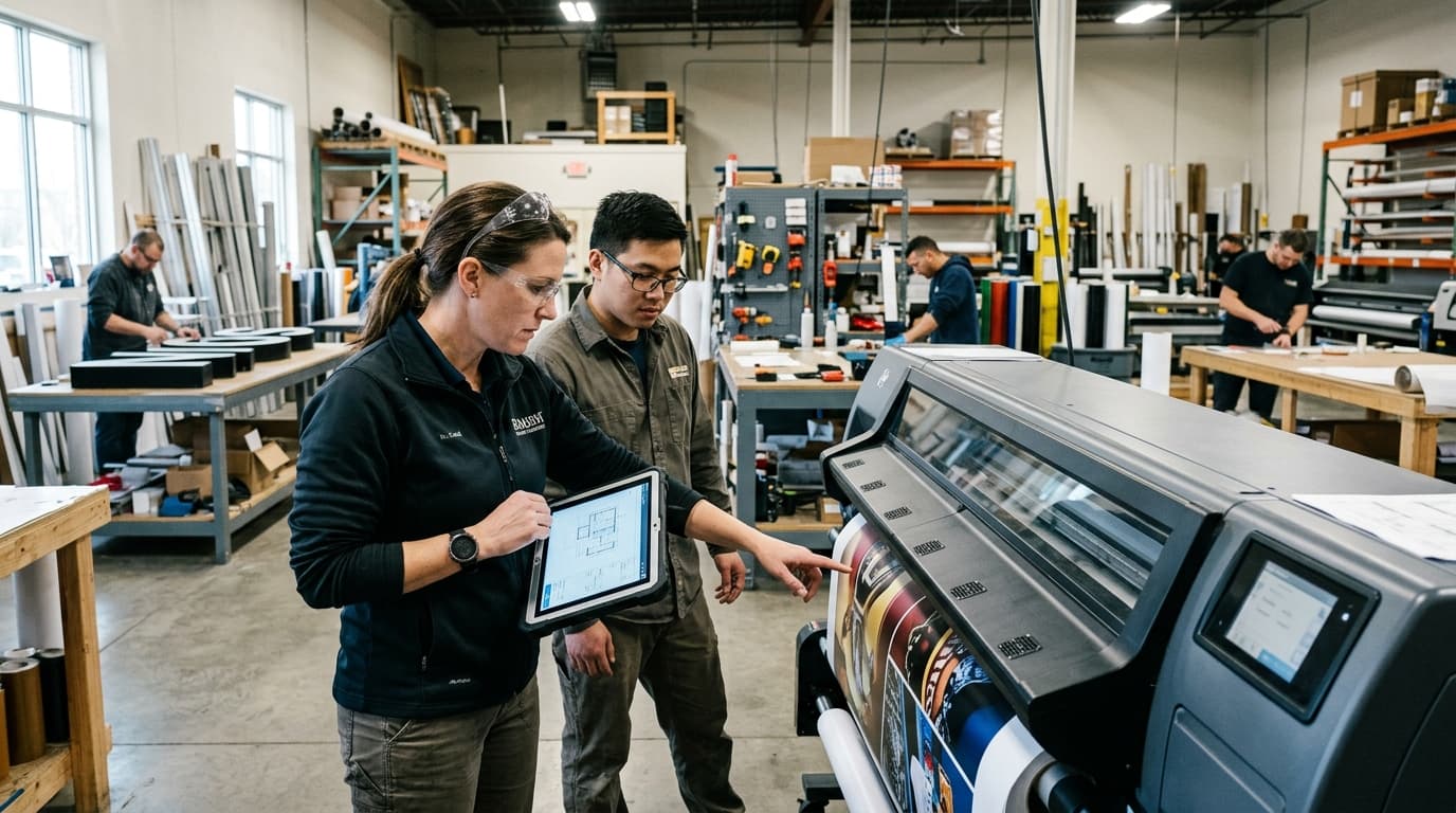 A project manager reviews a digital tablet next to a large format printer in a sign fabrication shop.