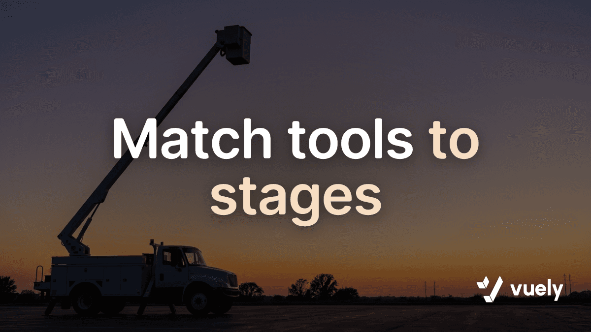Match tools to stages. A bucket truck with its boom raised high against a soft dusk sky with empty space across the center.