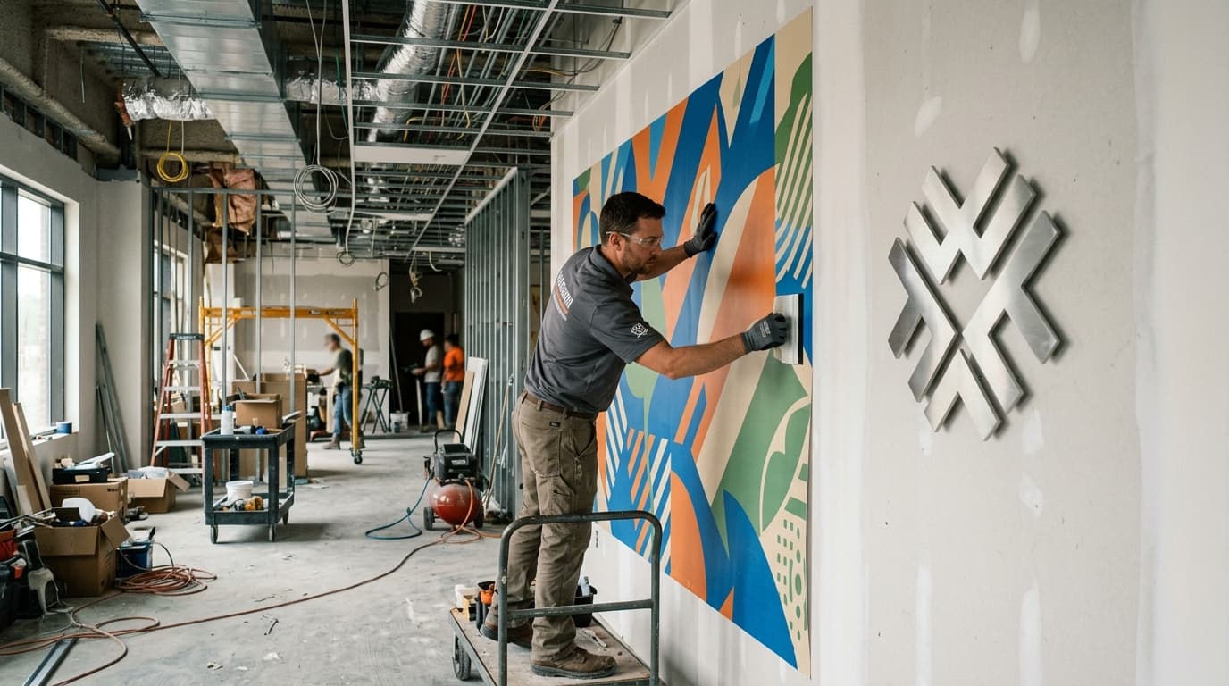 A sign installation crew applying a printed wall mural and mounting a dimensional metal logo in a corporate office building.