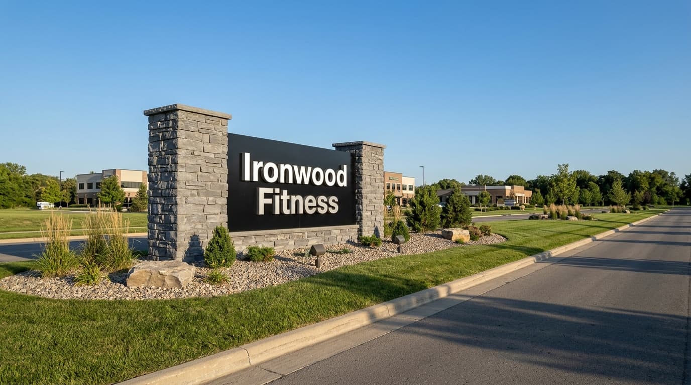 A roadside monument sign constructed of stacked stone and dark steel featuring the business name Ironwood Fitness against an open sky.