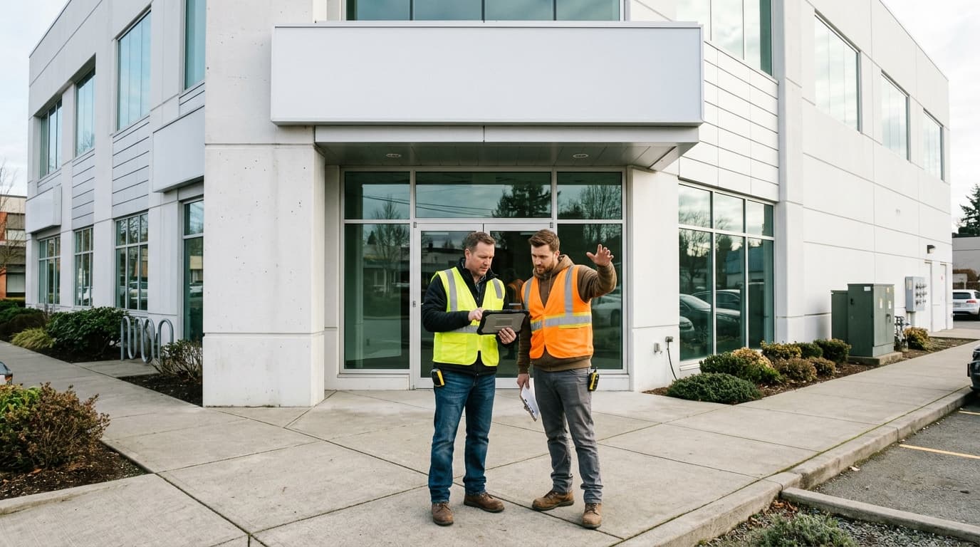 Two sign estimators reviewing a proposal on a tablet in front of a modern white commercial building.