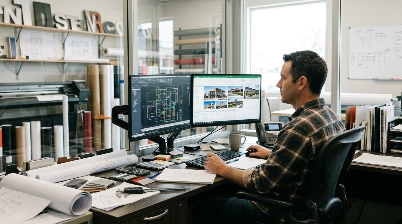A sign shop estimator reviews site photos and digital blueprints on a dual monitor desk.