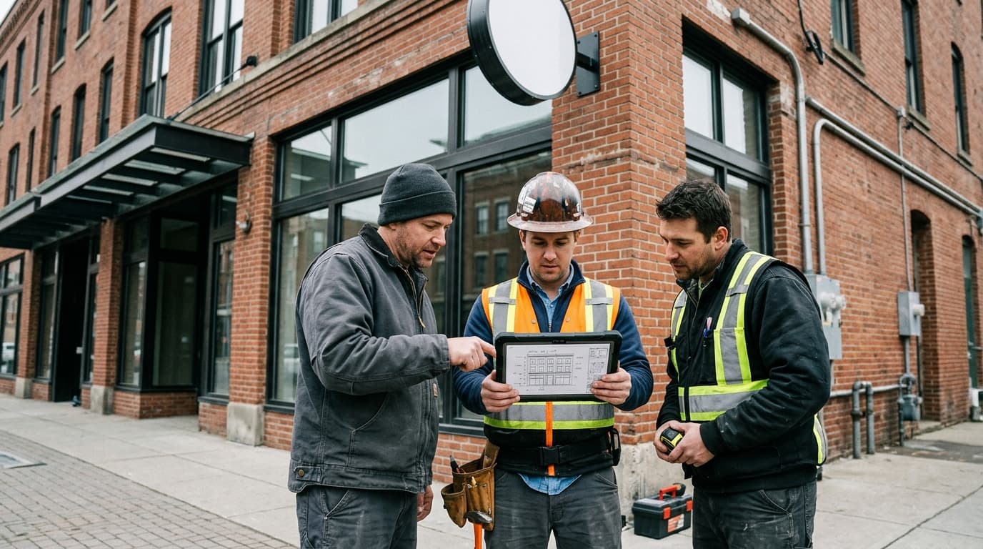 A sign installation crew reviews site survey measurements on a tablet outside a commercial building.