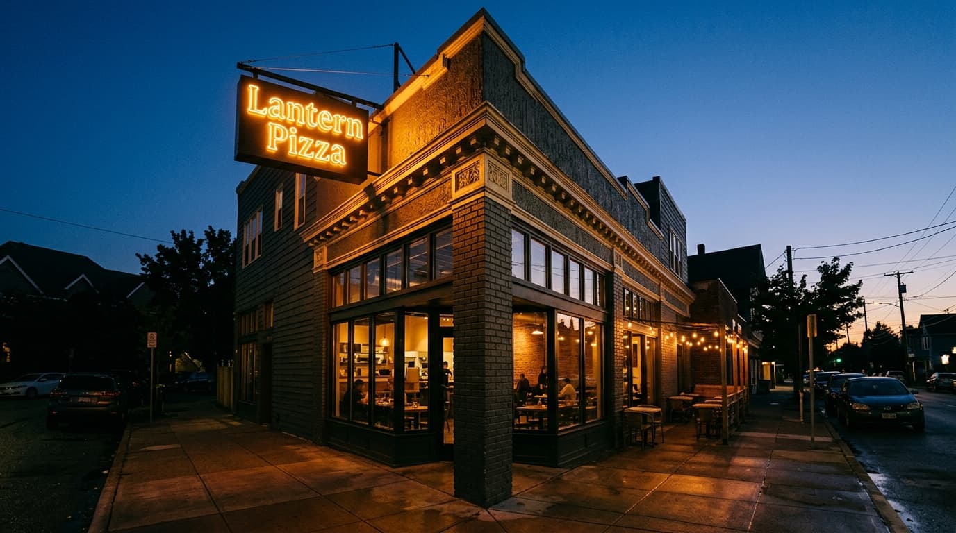 A projecting blade sign reading Lantern Pizza glowing amber against a deep blue evening sky.