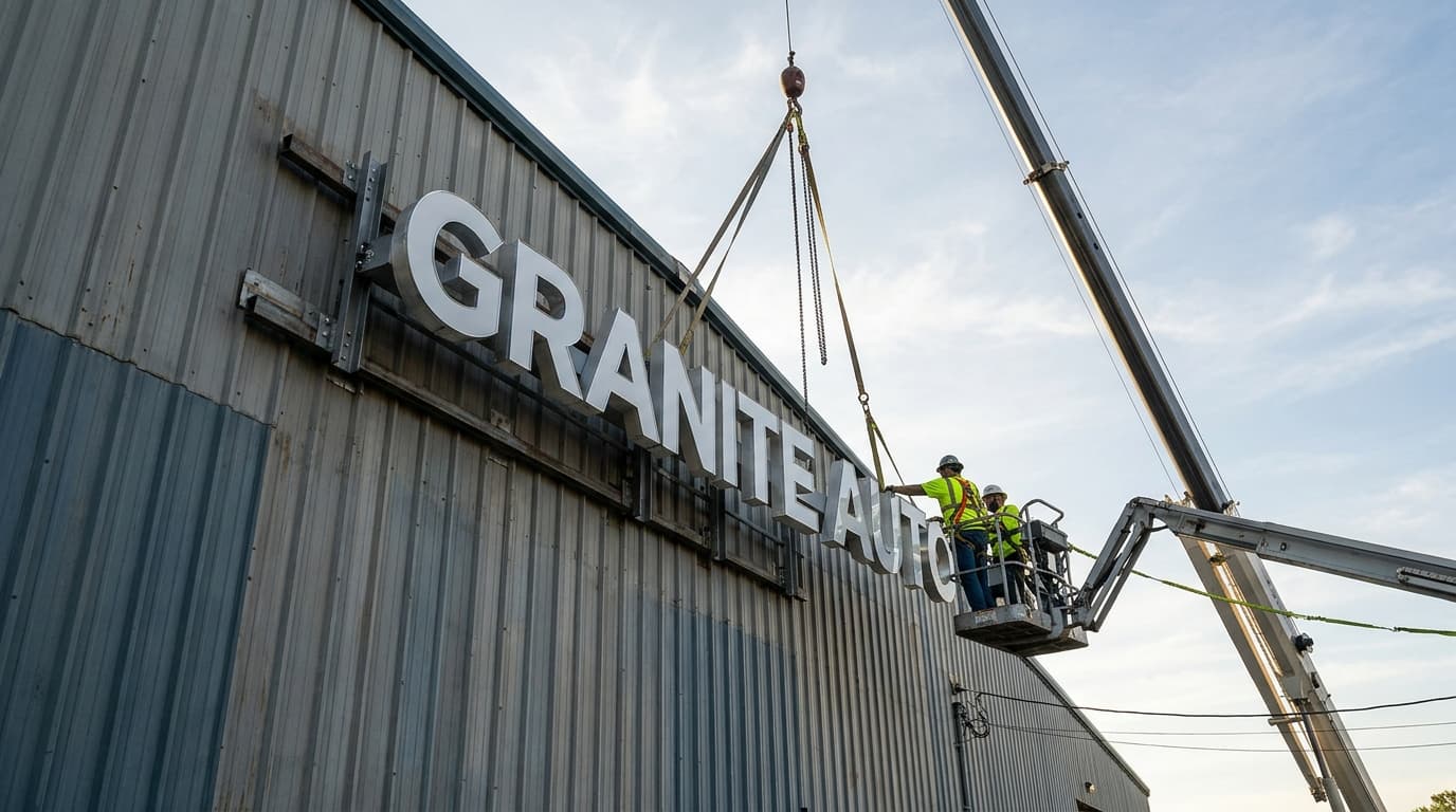 A sign installation crew in a boom lift mounting a large sign reading Granite Auto on an industrial building facade.