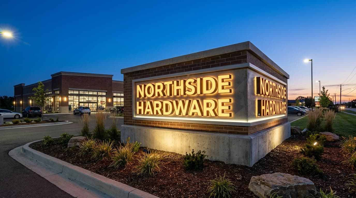 An illuminated monument sign reading Northside Hardware standing on a landscaped lawn at twilight.