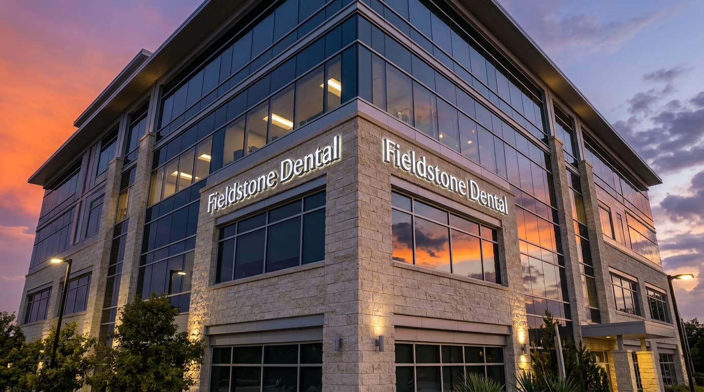 Modern limestone building corner at sunset with glowing white exterior channel letters reading Fieldstone Dental.