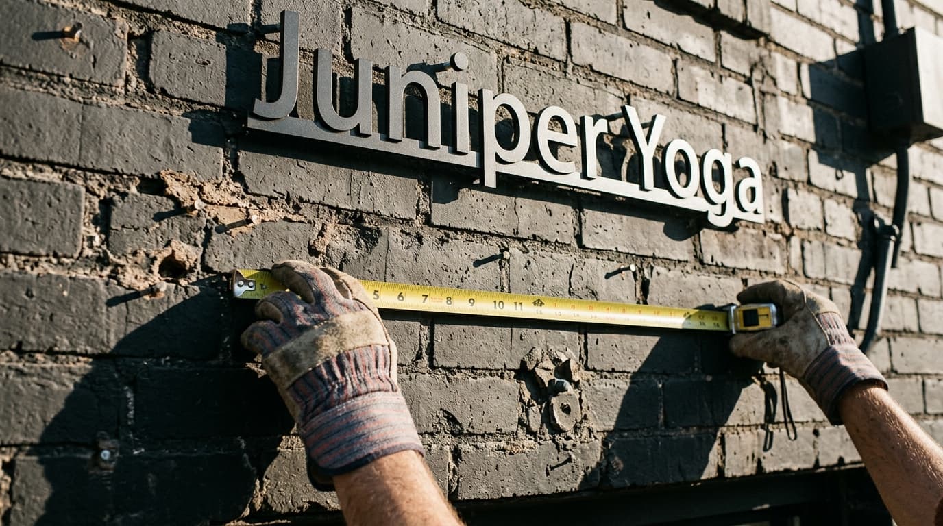 Gloved hands extending a metal tape measure along a brick storefront wall beneath a metal sign reading Juniper Yoga.
