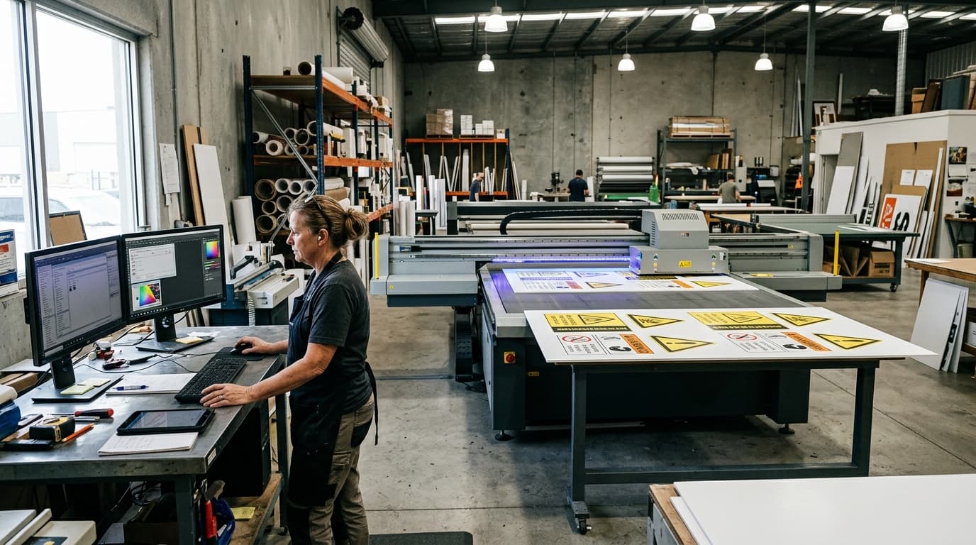 A sign shop operator working at a computer station next to a flatbed UV printer producing rigid construction boards.