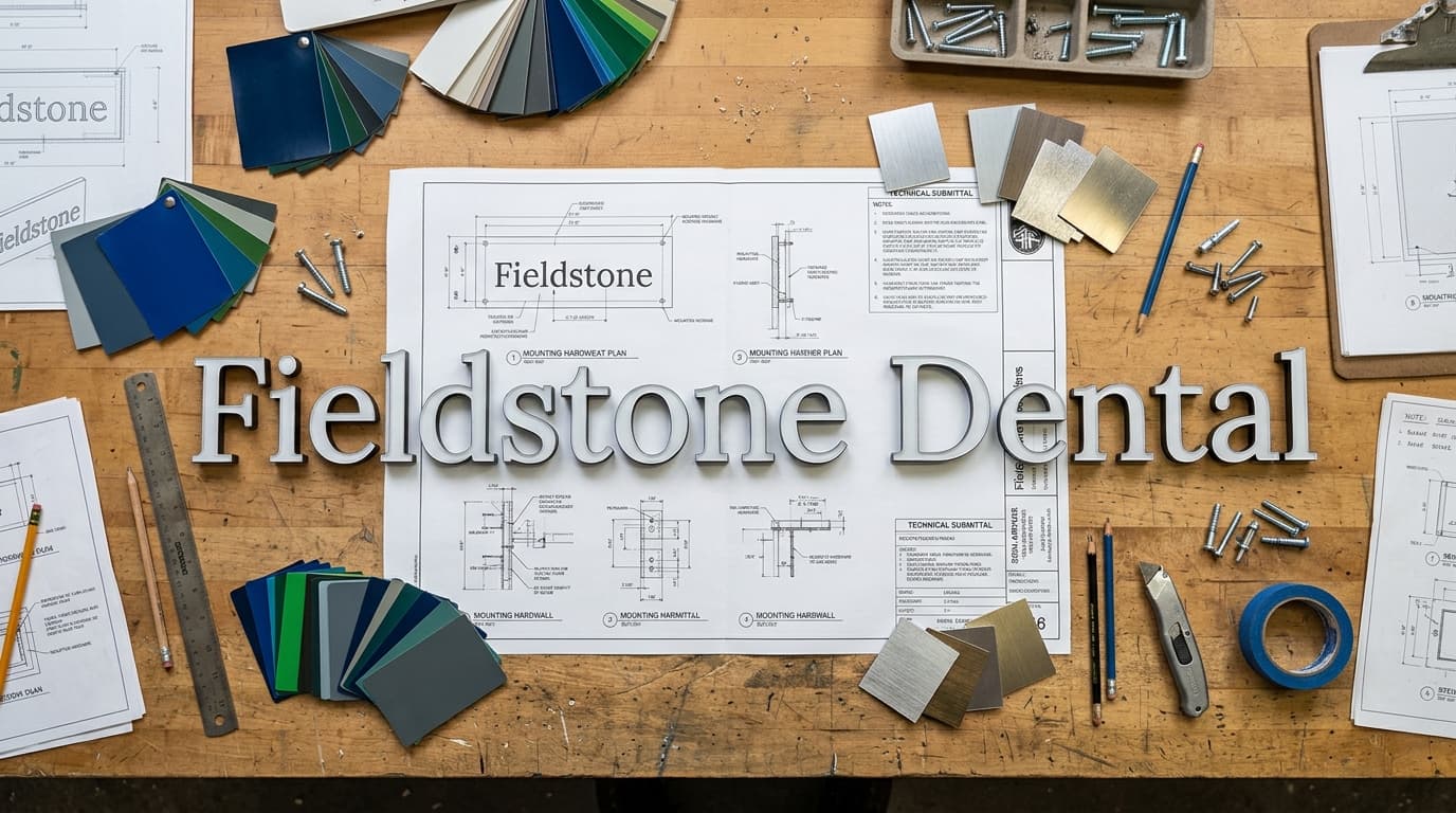 An overhead view of a sign maker's workbench with blueprints, material swatches, and cut letters reading Fieldstone Dental.